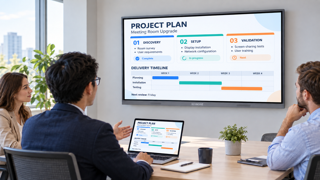 Presenter sharing a detailed project plan from a laptop to a KEINONE interactive smart board in a meeting room.