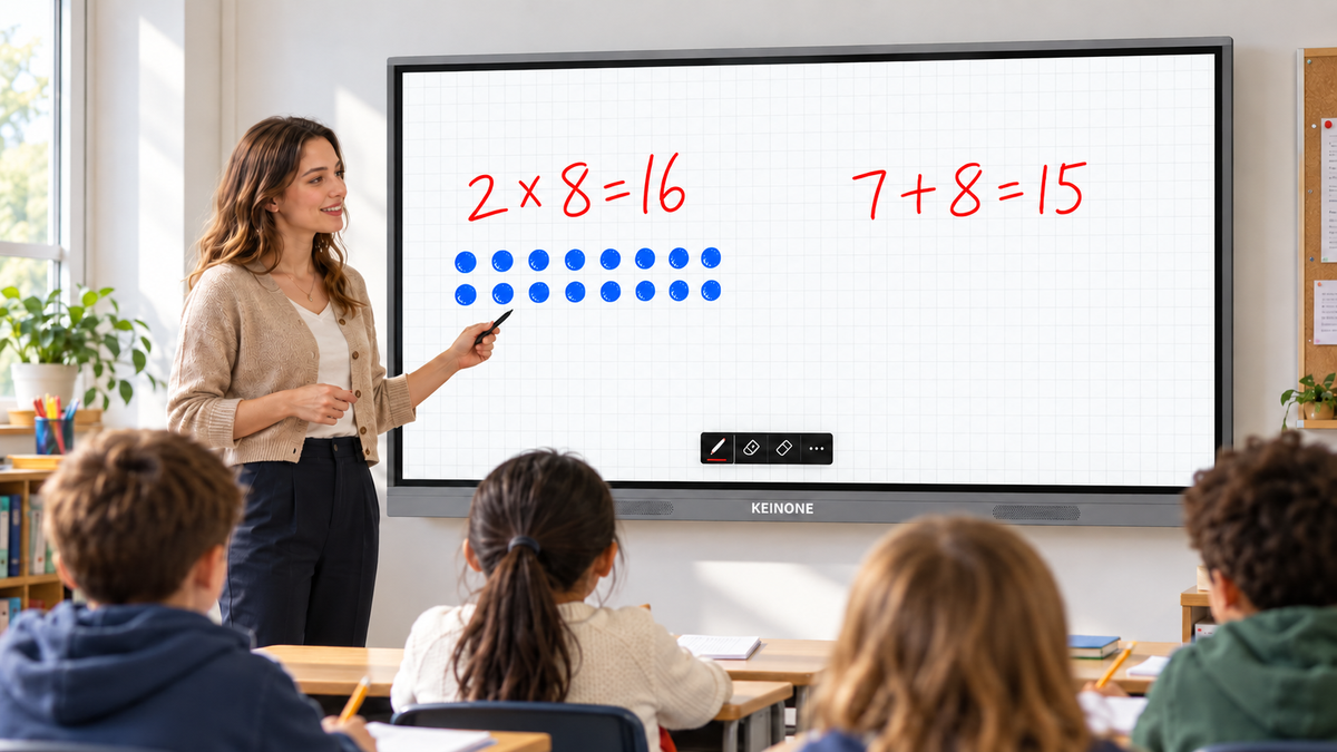 Teacher explaining arithmetic on a KEINONE interactive smart board while students work in paper notebooks