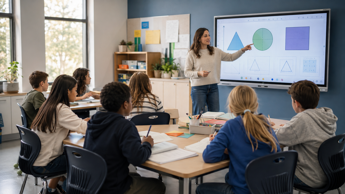 Teacher using an interactive smart board while students learn collaboratively with notebooks in a balanced classroom
