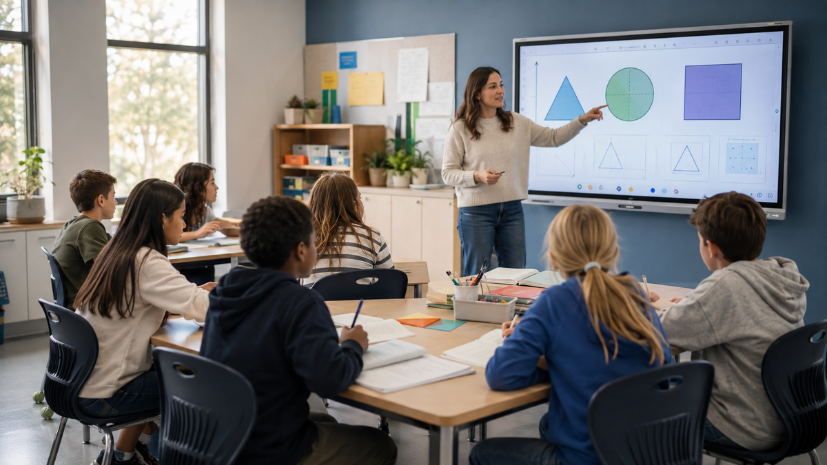 Teacher using an interactive smart board while students learn collaboratively with notebooks in a balanced classroom