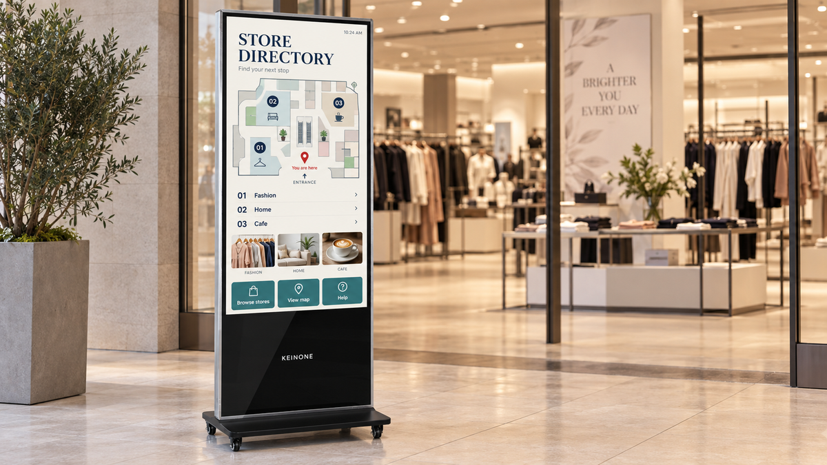 KEINONE floor-standing digital signage kiosk displaying a detailed store directory and navigation menu at a retail entrance.