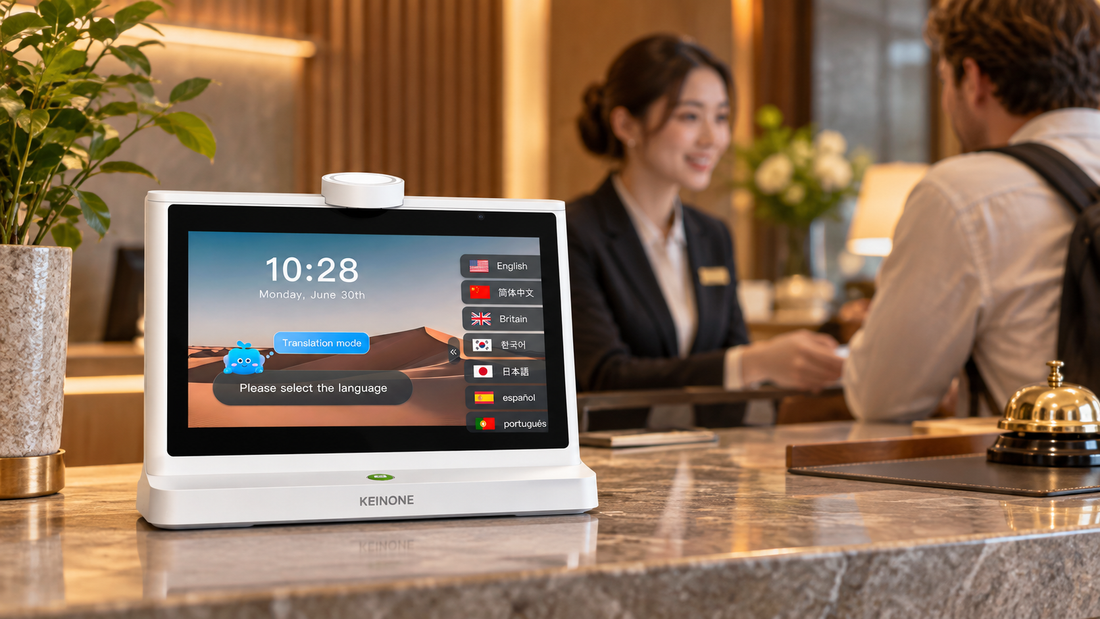 KEINONE desktop translator displaying its reference language-selection screen at a hotel reception counter