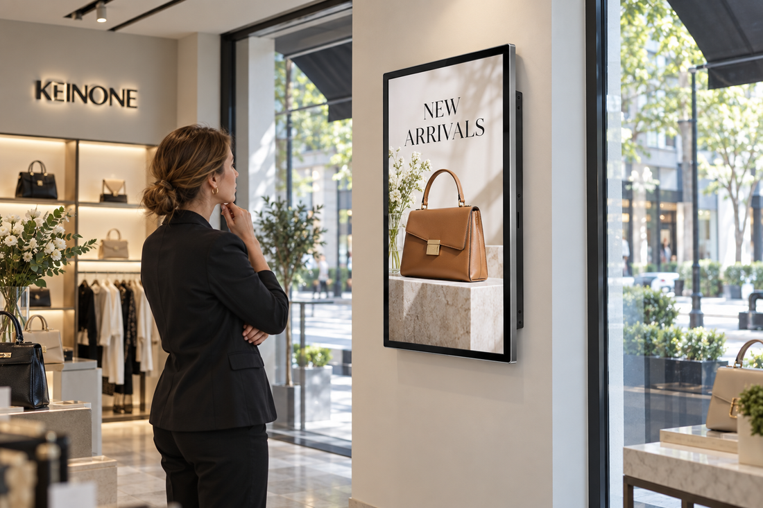 Store manager reviewing a wall-mounted digital signage display beside shaded boutique windows.