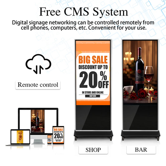 65” Non-Touch Digital Poster Kiosk, Single Sided, Android 11 OS, Caster Wheels