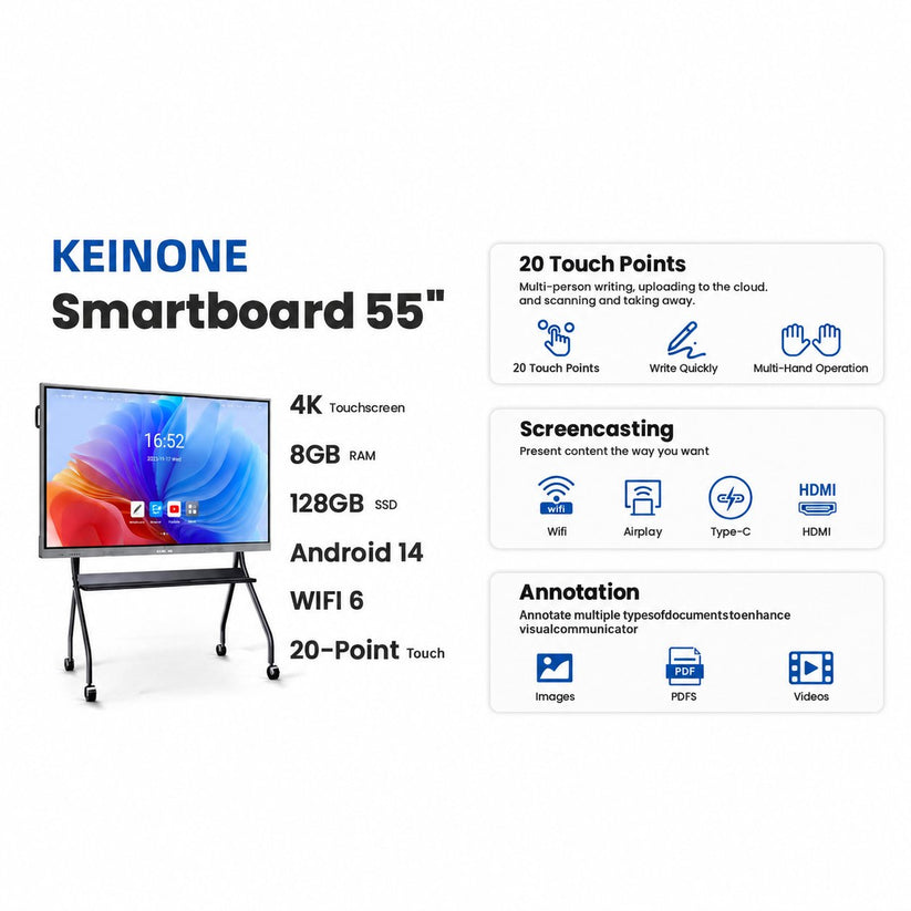 55 inch Smart Board– Android 14, Windows 10 dual system 4K Interactive ...
