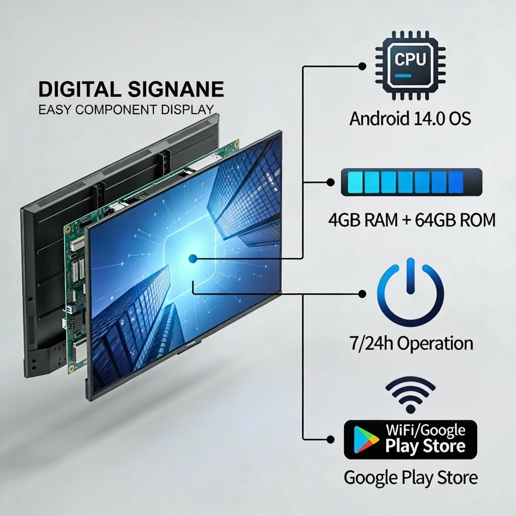 43 Inch Digital Signage Display, 4K FHD, Smart tv signage with 4GB RAM 64GB Storage, Smart Split Screen