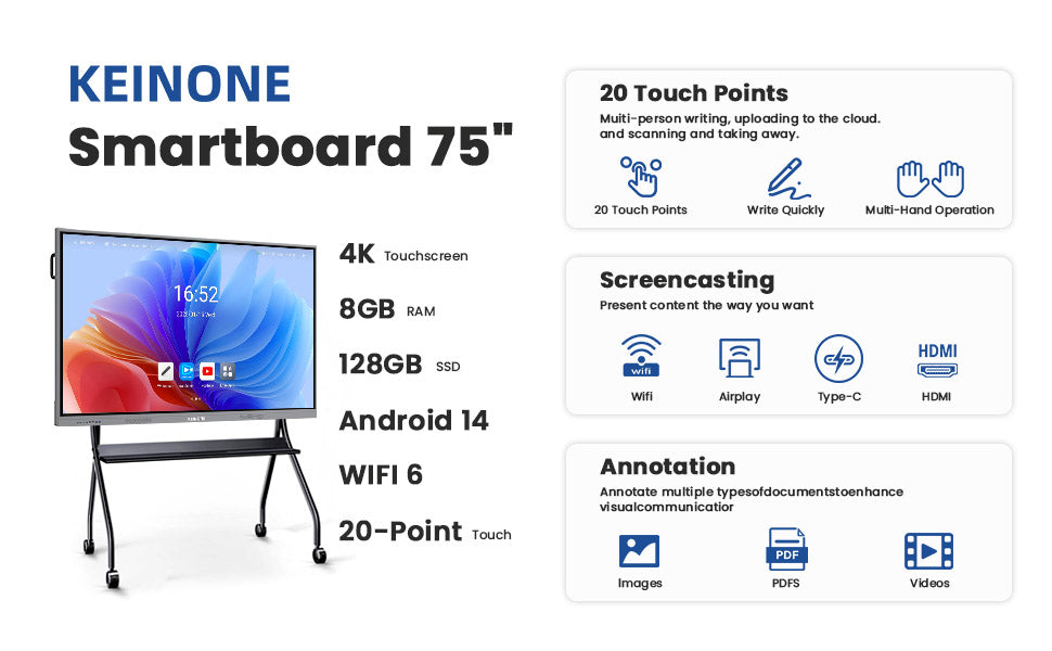 75 Zoll Smart Board 8+128 – Android 14, Windows 10 Dual-System 4K Interaktives Flatpanel