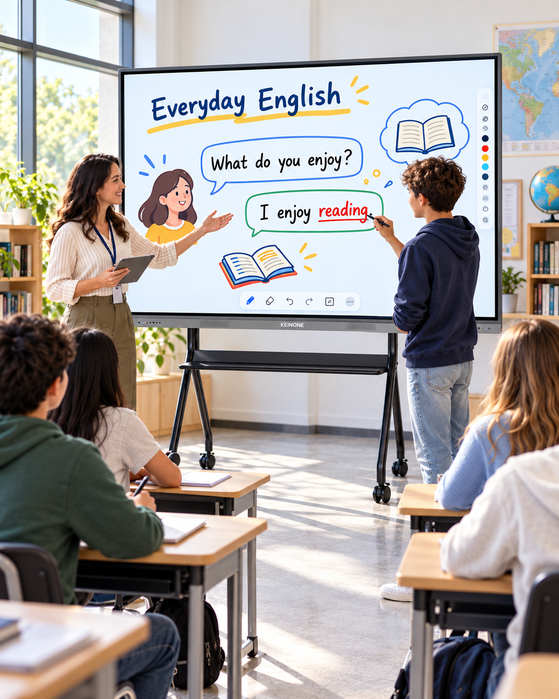 Teacher and students using a KEINONE 110-inch interactive smart board for an English lesson