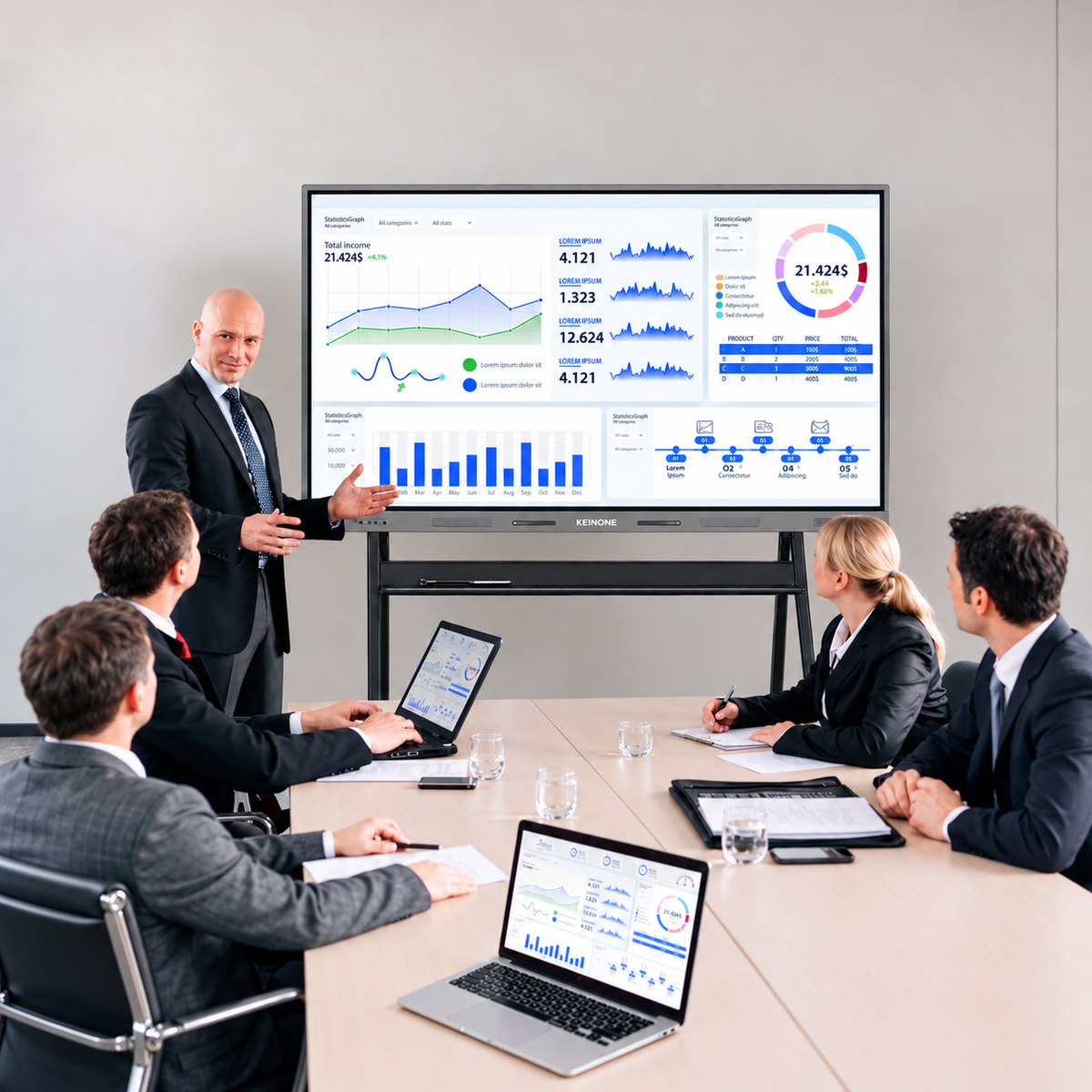 KEINONE 65-inch gray interactive smart board on black stand with presenter visible in meeting