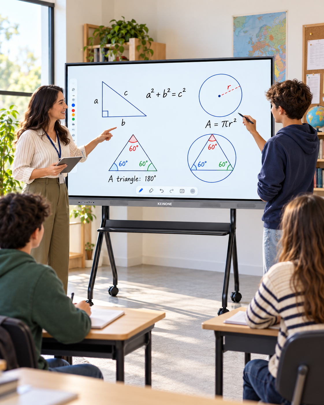 Teacher and students using a KEINONE 85-inch interactive smart board in a training classroom
