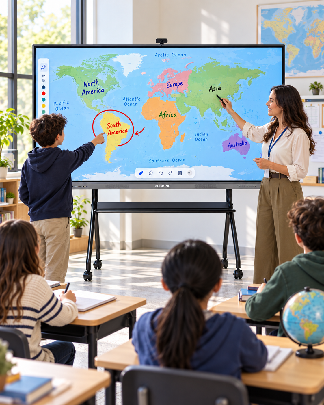 Teacher and students using a KEINONE 98-inch interactive smart board with world map during geography class