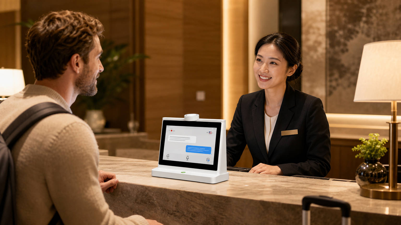 International hotel guest and receptionist using a KEINONE 10.1-inch dual-screen AI translator at the front desk