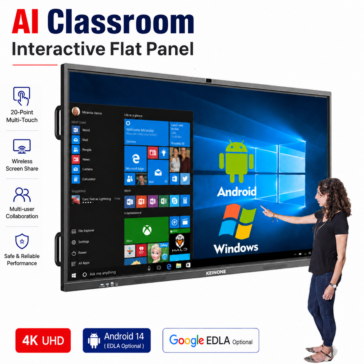 KEINONE Android and Windows OPS interactive smart board with 20-point multi-touch