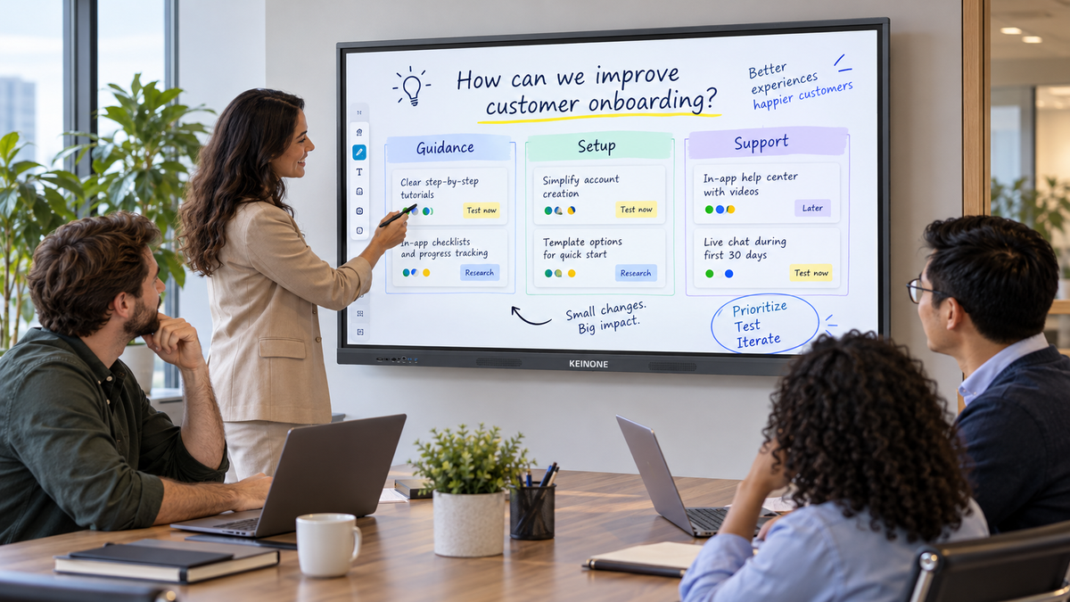 Team using a KEINONE interactive digital whiteboard to group and prioritize product ideas