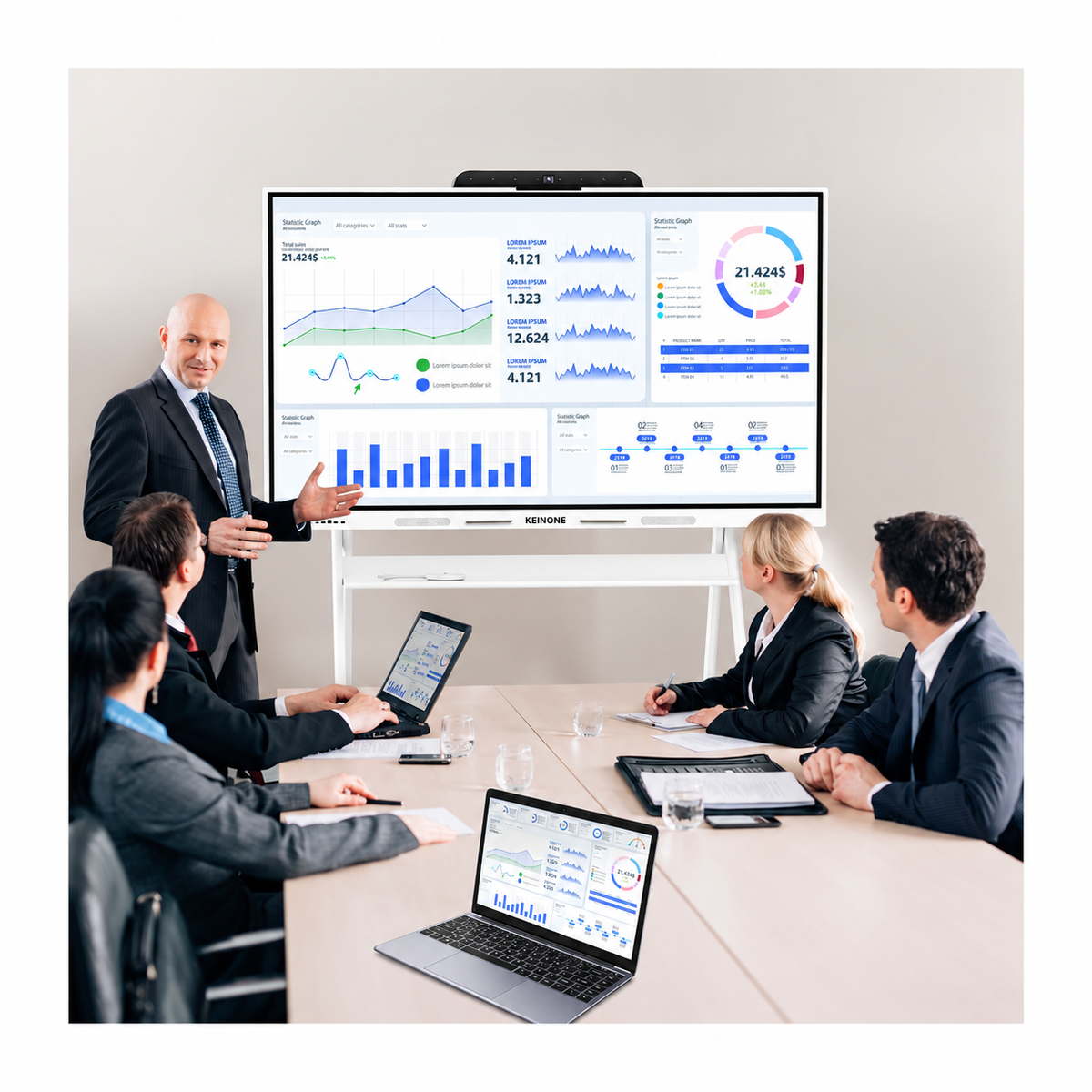 KEINONE smart board in a business meeting with balanced white margins