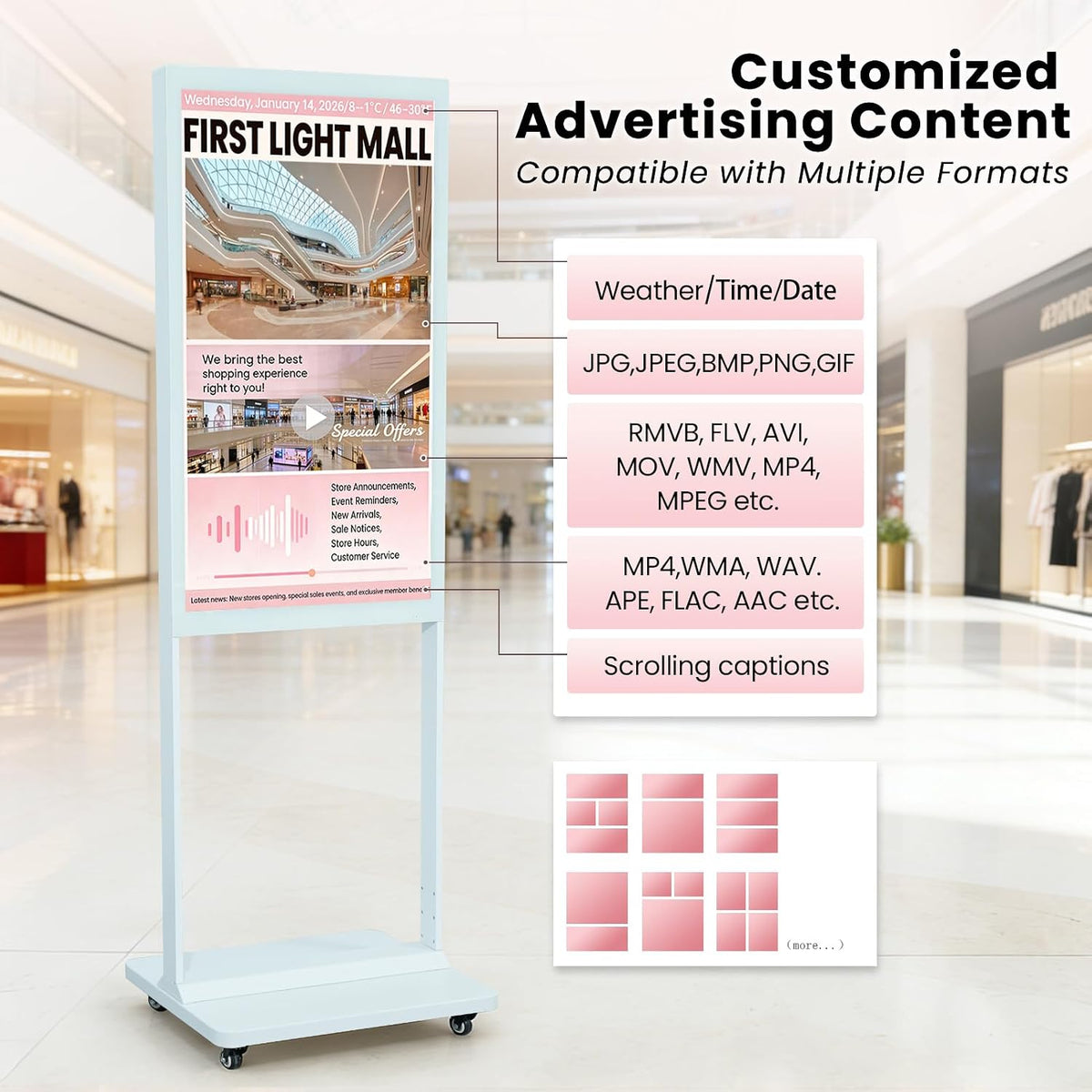 Digital signage split screen multimedia content