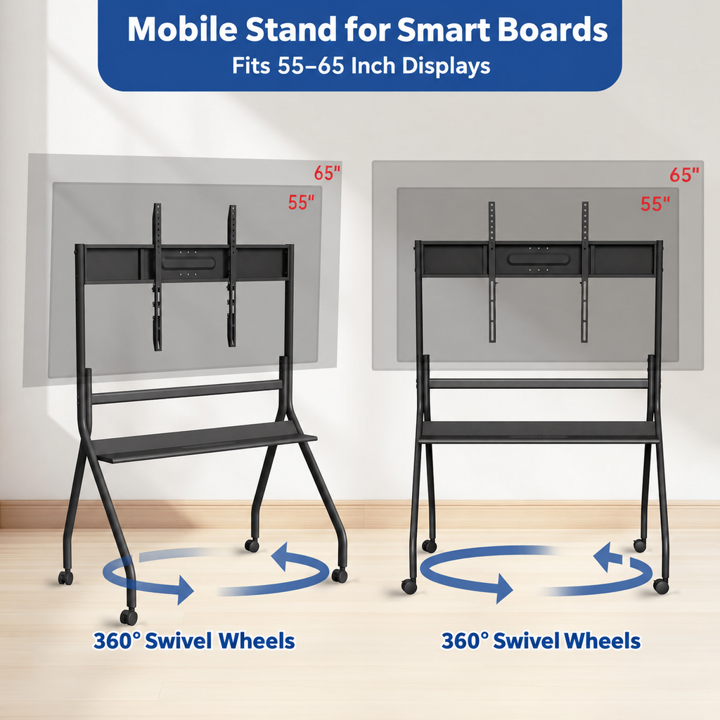 Black mobile stand fits 55 to 65 inch displays with 360 degree swivel wheels