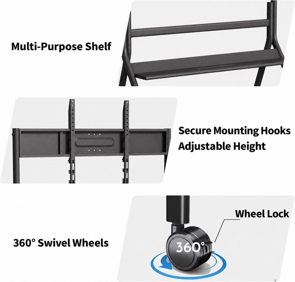 Mobile smart board stand with multi-purpose shelf, adjustable height, wheel locks and 360 degree swivel wheels