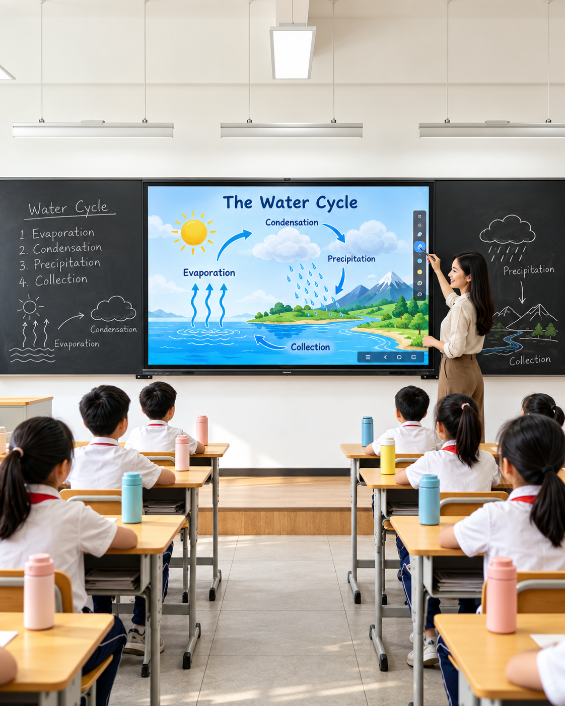 Teacher using a stylus on a KEINONE Nano 86-inch smart blackboard showing a water cycle lesson, with chalk notes on side panels