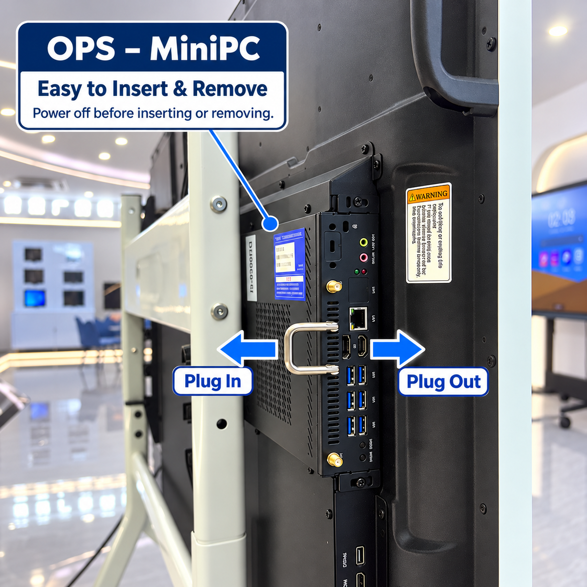 KEINONE OPS MiniPC module with plug in and plug out arrows; power off before inserting or removing.