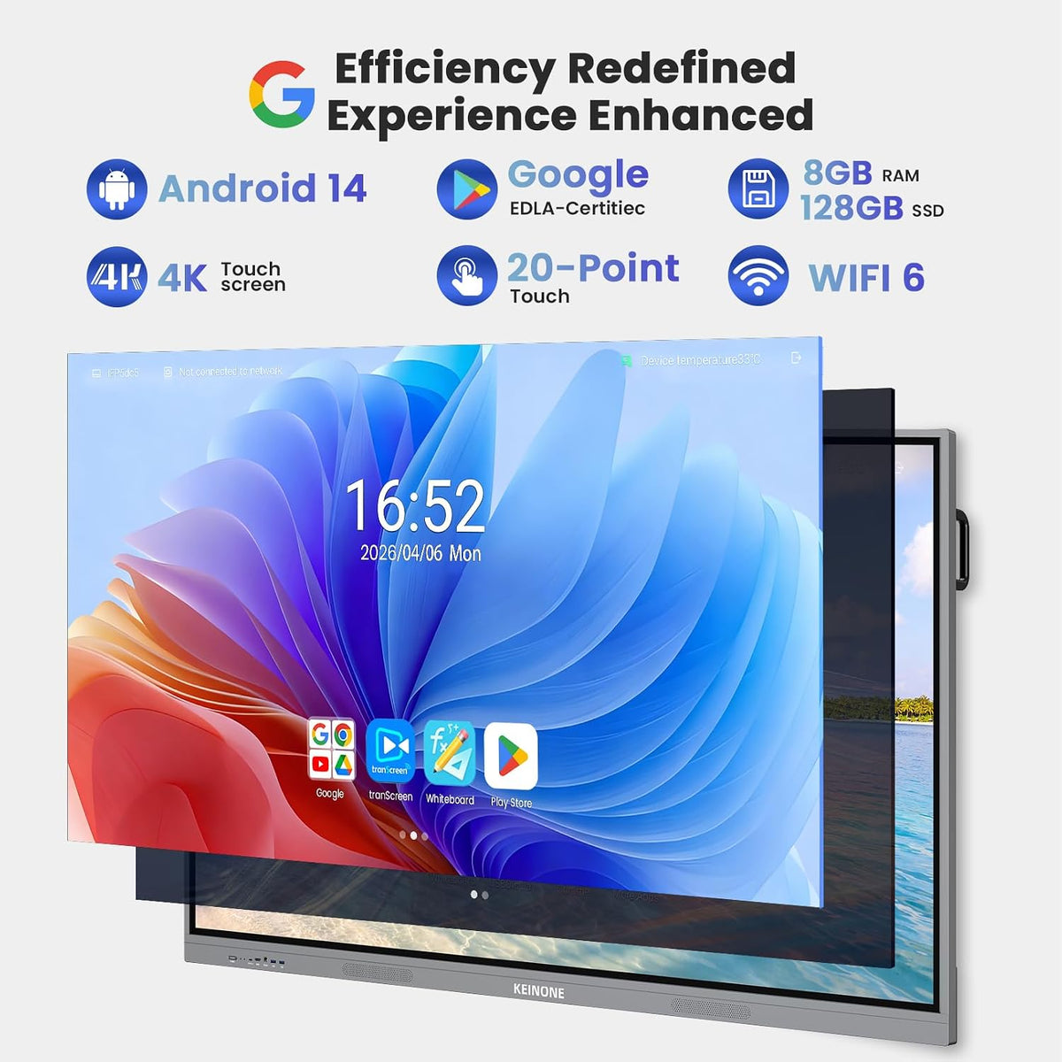 KEINONE interactive smart board feature overview: Android 14, 8GB RAM, 128GB storage, 4K screen, 20-point touch and Wi-Fi 6