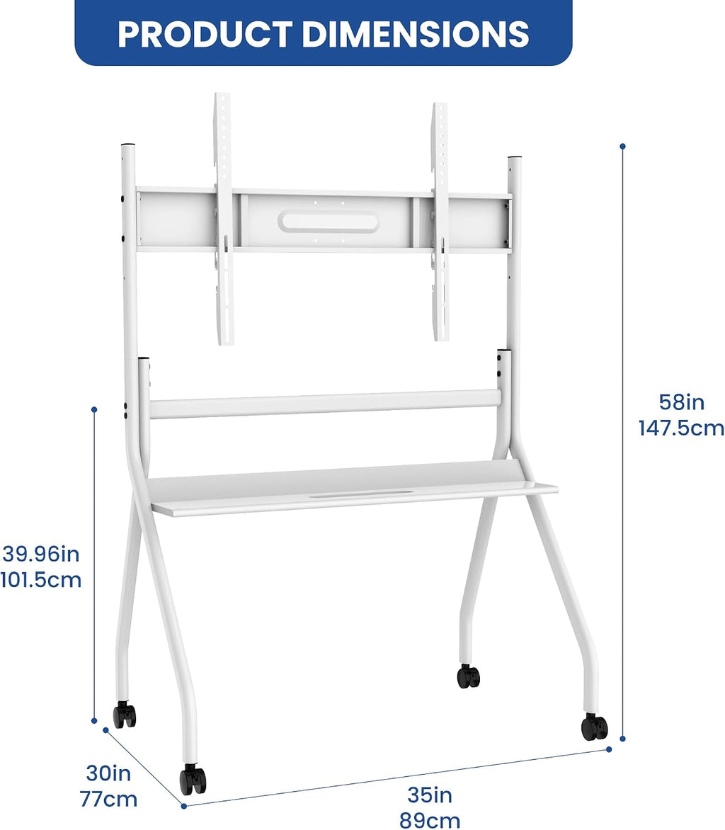 White smart board stand dimensions: 147.5 cm high, 89 cm wide, 77 cm deep