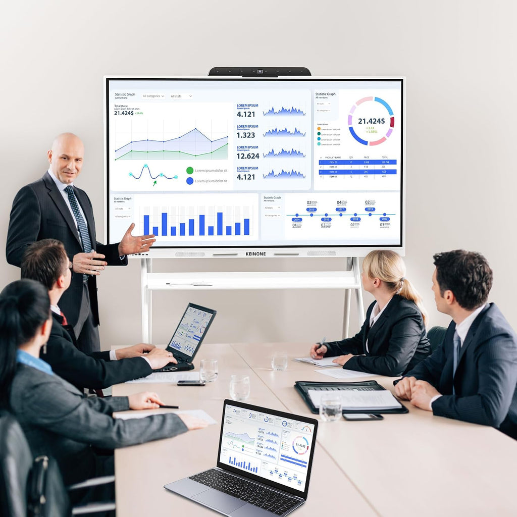 White interactive whiteboard stand in an office meeting