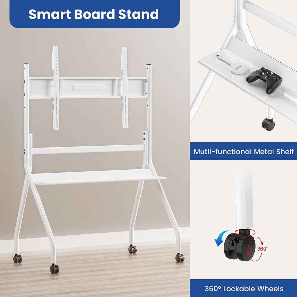 White smart board stand with metal shelf and 360 degree lockable wheels