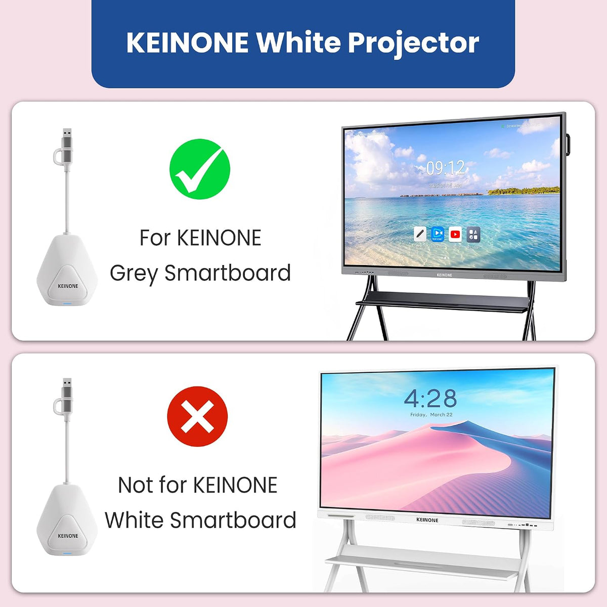 White Wireless Projector compatible with KEINONE grey smart boards, not white smart boards